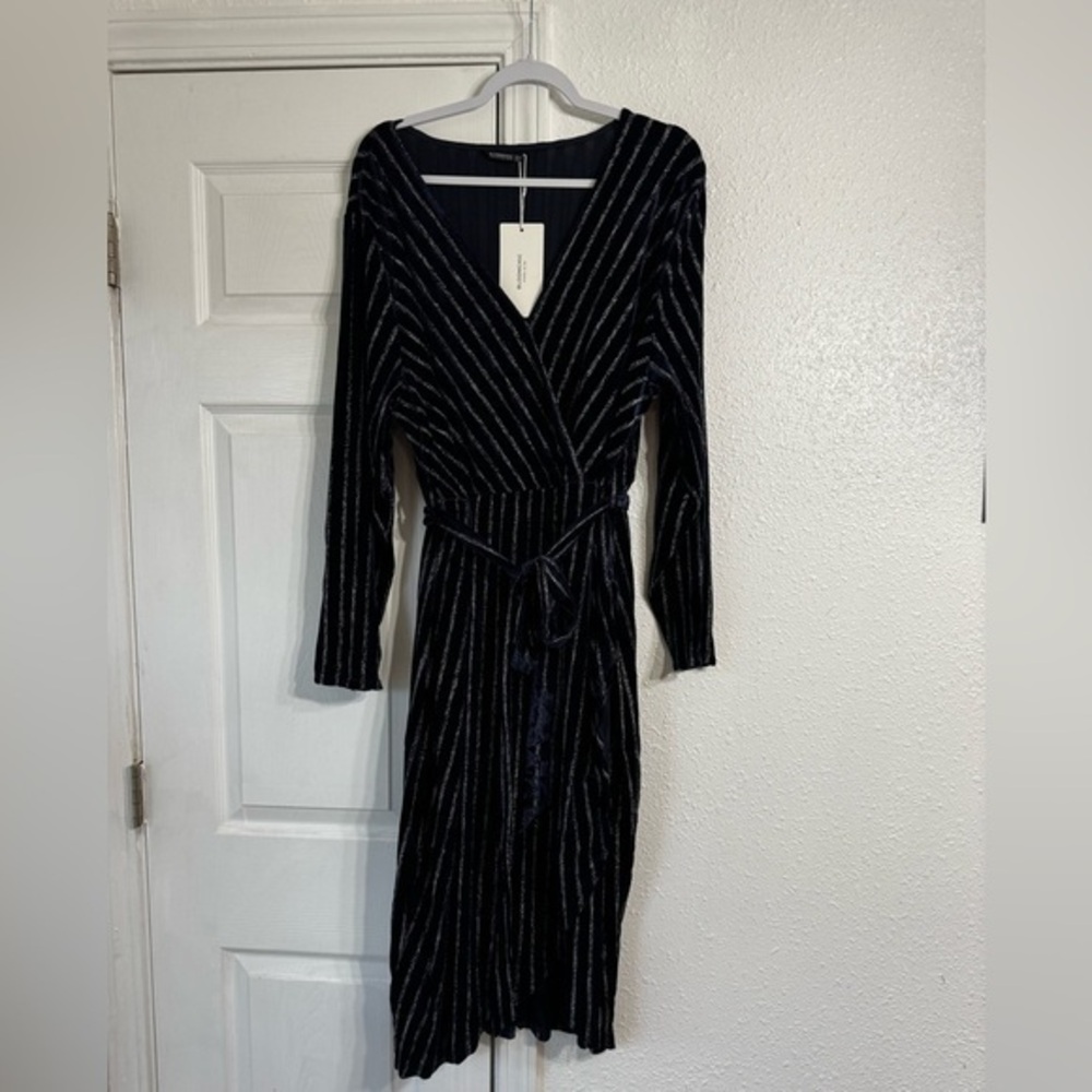 Bloomchic Glitter Striped Wrap Belted Velvet Midi Dress